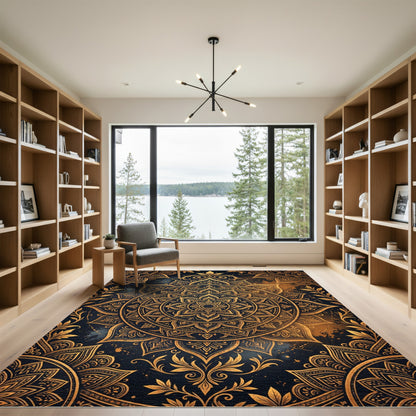 Golden Mandala Medallion on Midnight Navy Rug