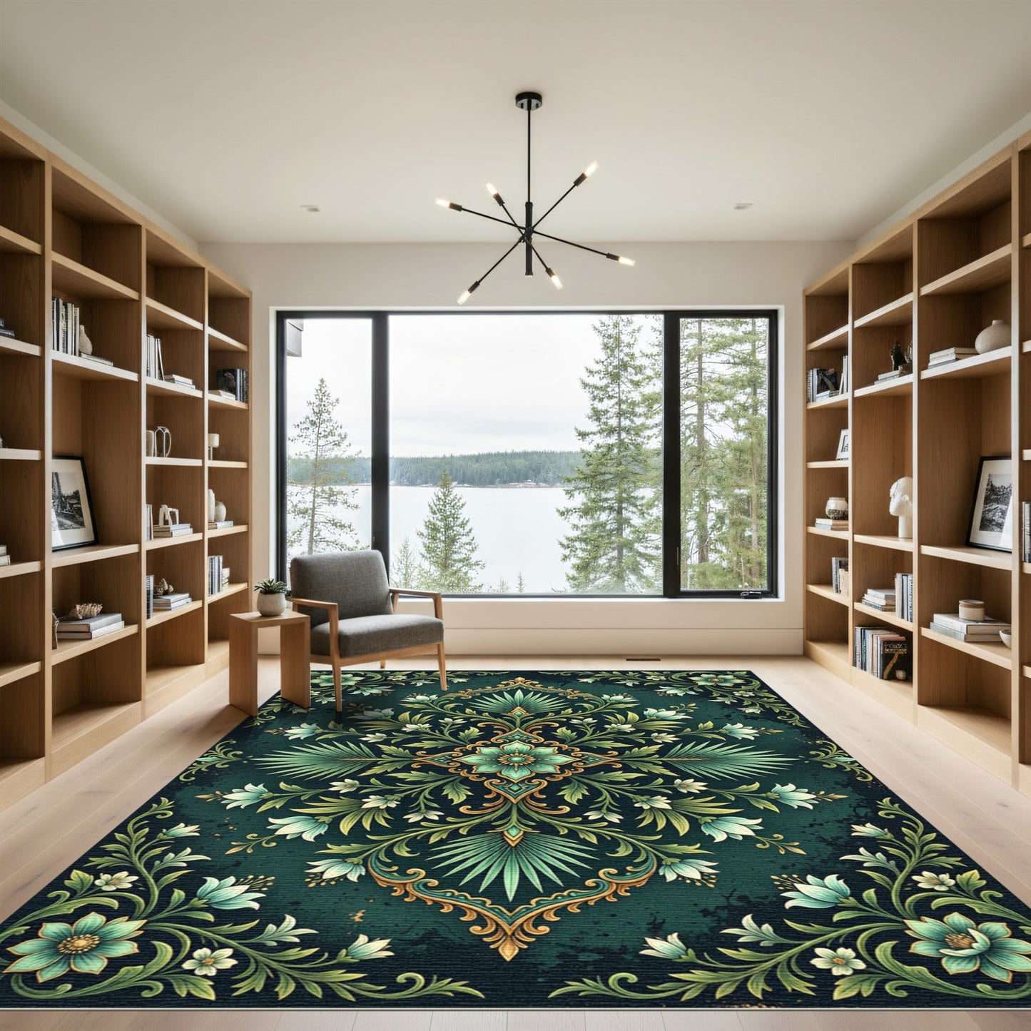 Emerald Green Floral Scrollwork Medallion Rug