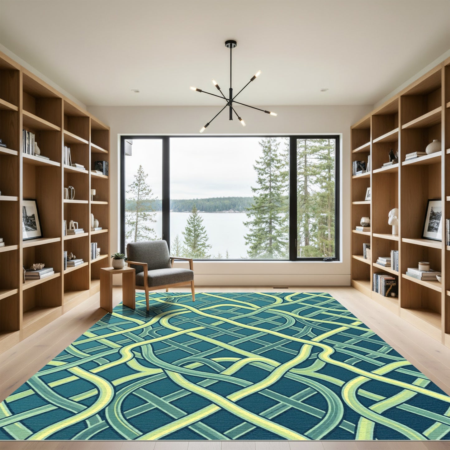 Interwoven Teal and Chartreuse Linear Grid Rug