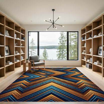 Golden Geometric Chevron Metallic Sapphire Rug