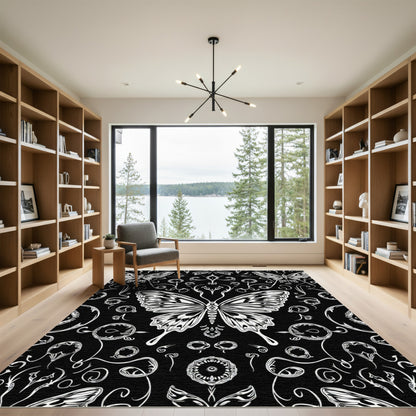 Monochromatic Butterfly Floral Garden Rug