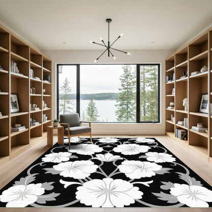 Black And White Floral Scroll Rug