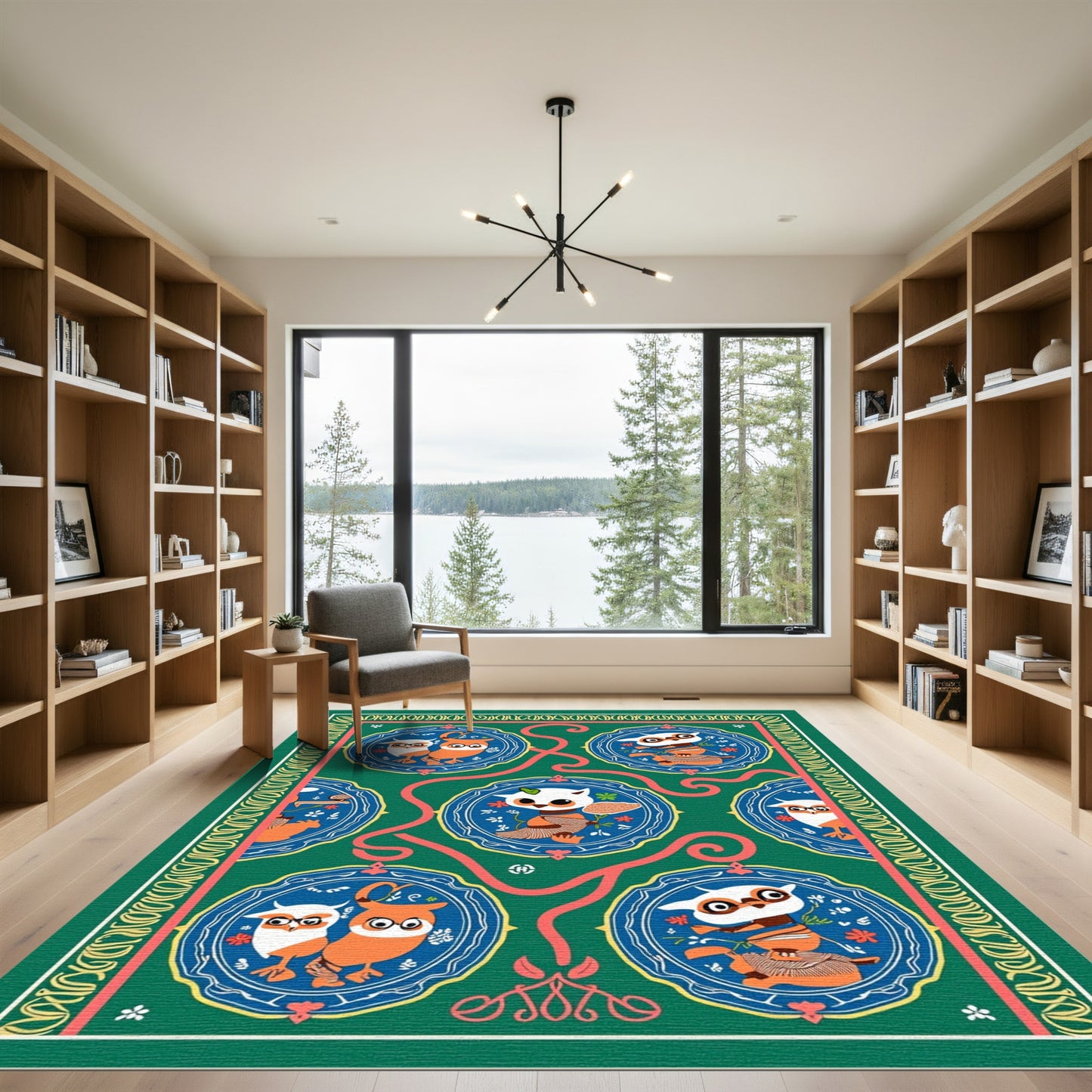 Whimsical Owl Medallion Green Rug