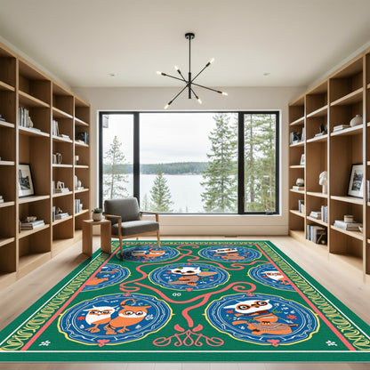 Whimsical Owl Medallion Green Rug