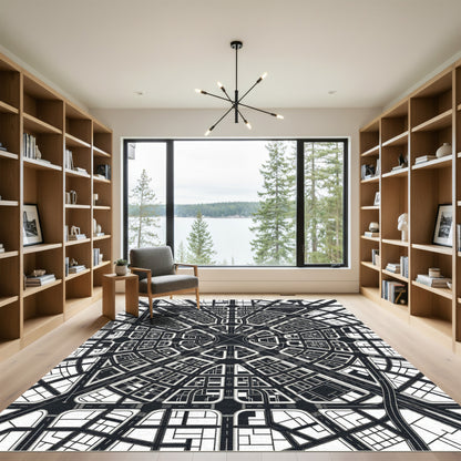 Monochrome Urban Grid City Map Rug