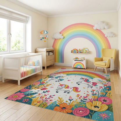 Whimsical Rainbow Unicorns Floral Rug