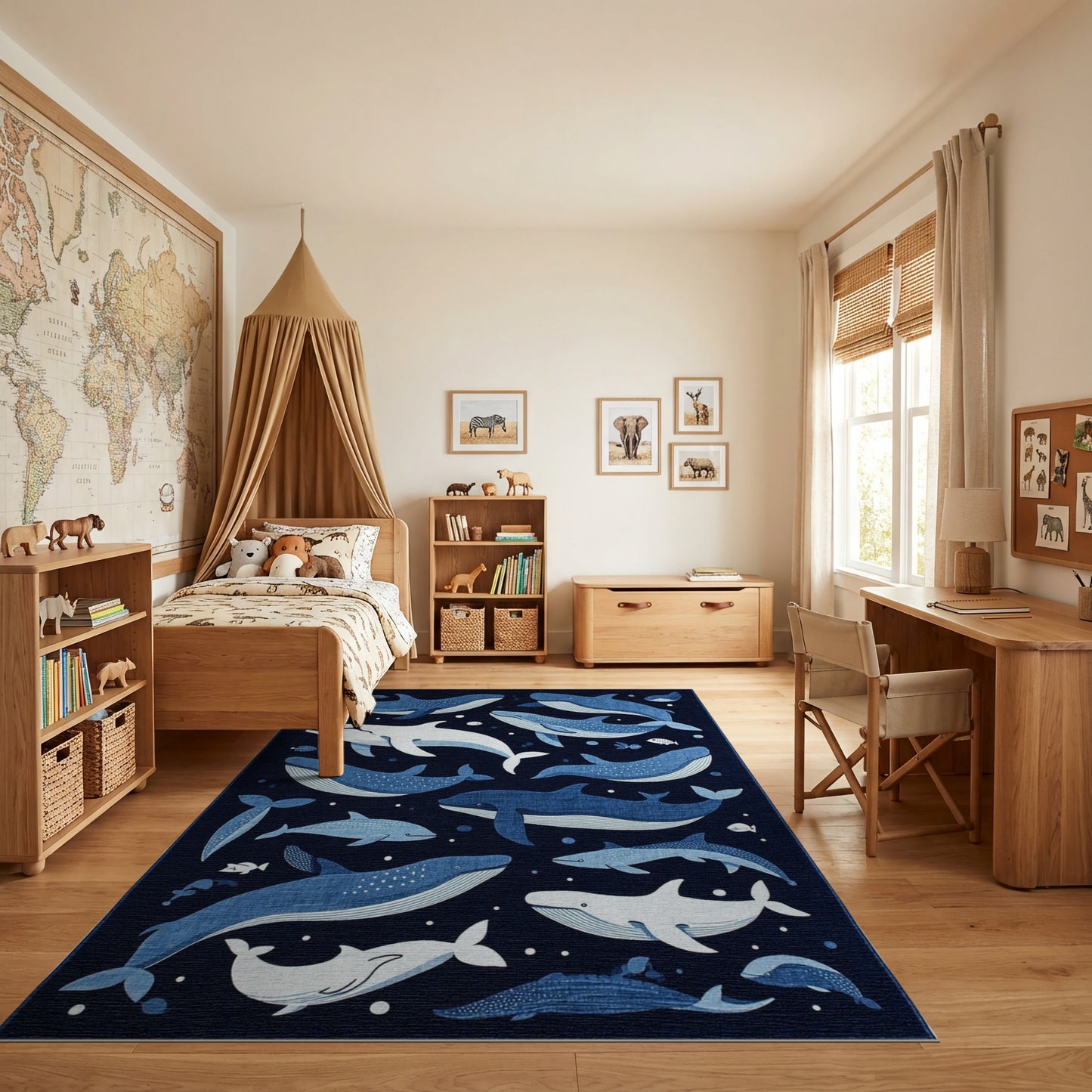 Whimsical Navy Whales and Fish Rug