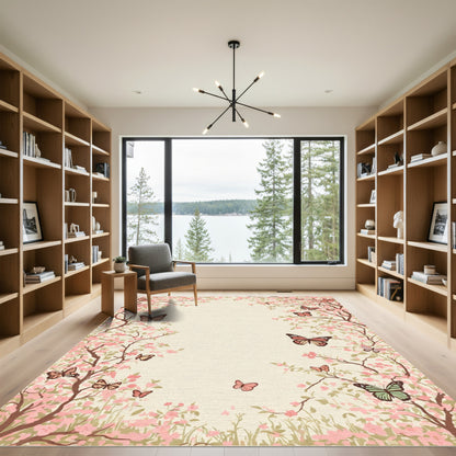 Pink Blossom Butterflies Garden Scene Rug