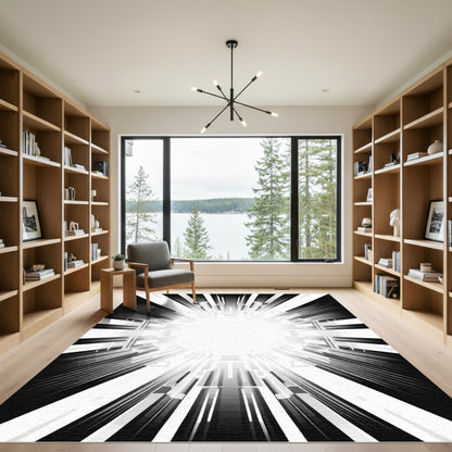 Radiating Black and White Geometric Starburst Rug