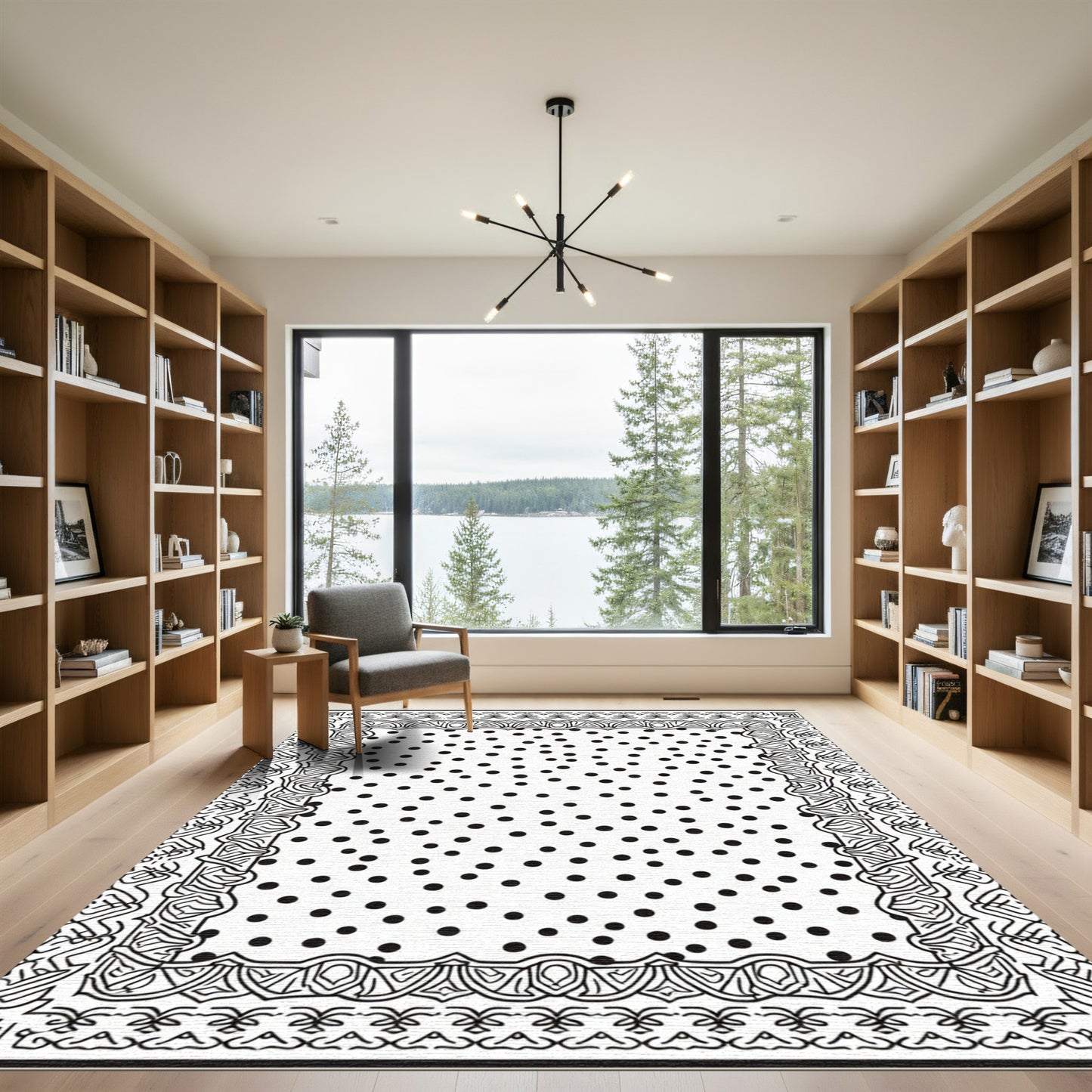 Black White Polka Dot Ornate Border Rug