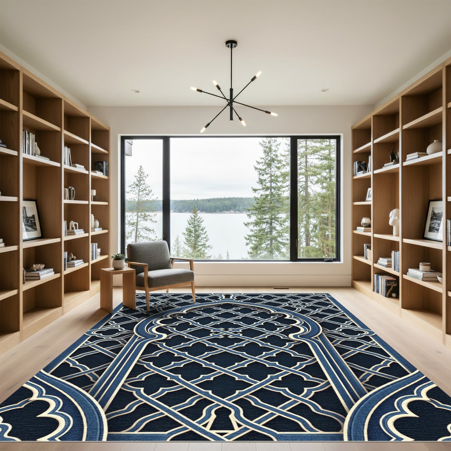 Elegant Navy Blue Geometric Arabesque Rug