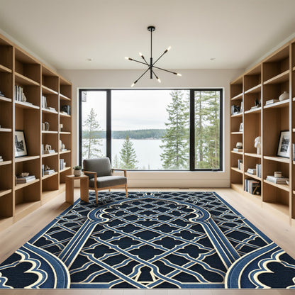 Elegant Navy Blue Geometric Arabesque Rug