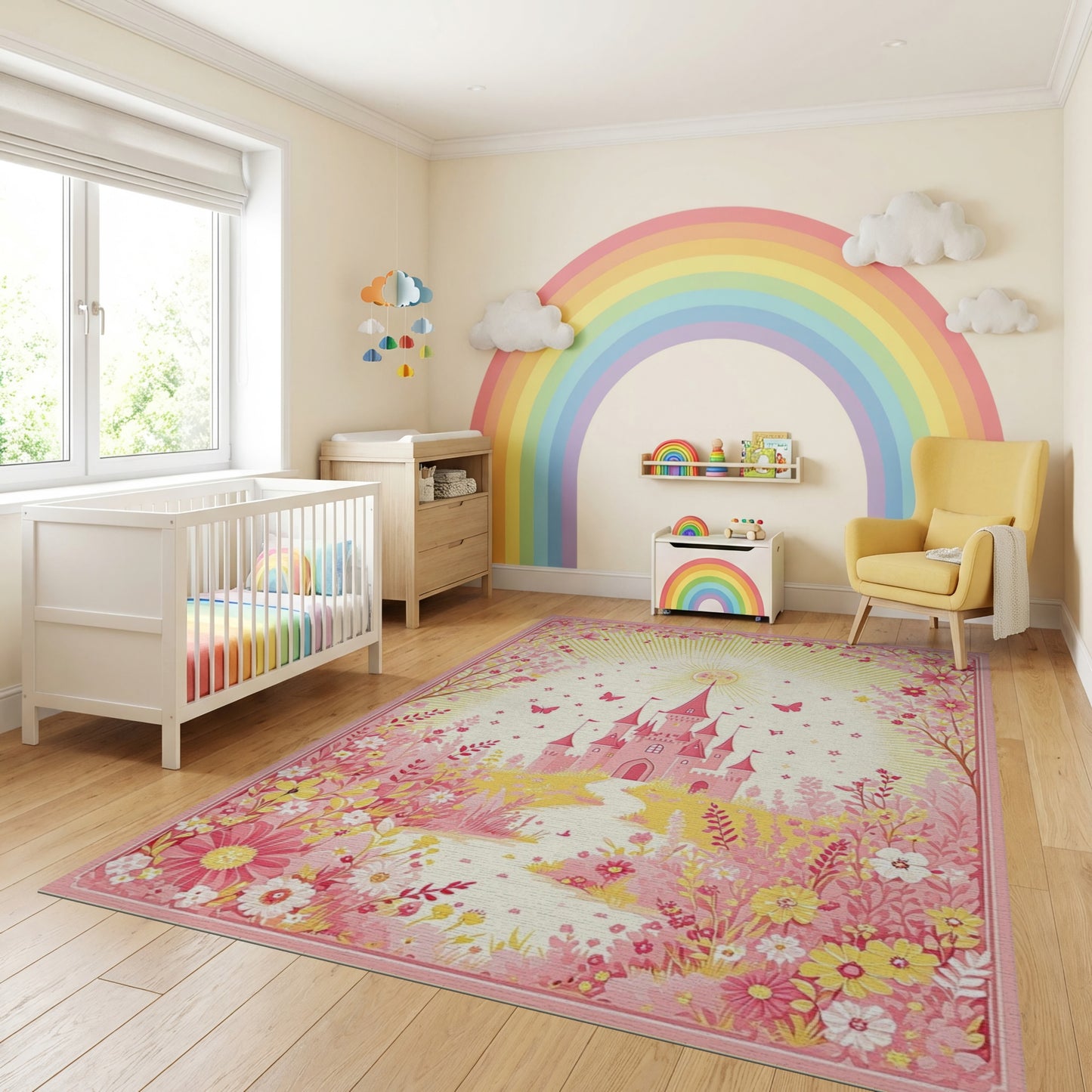 Whimsical Pink Castle Butterflies Floral Rug