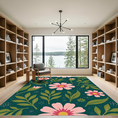 Pink Floral Green Leafy Botanical Rug