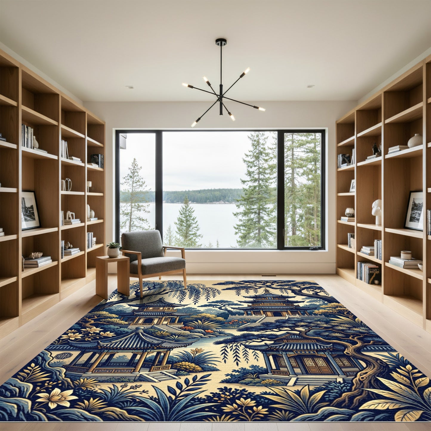 Blue Pagoda Garden Zen Landscape Rug