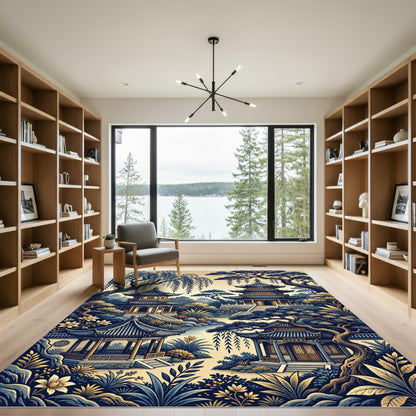 Blue Pagoda Garden Zen Landscape Rug
