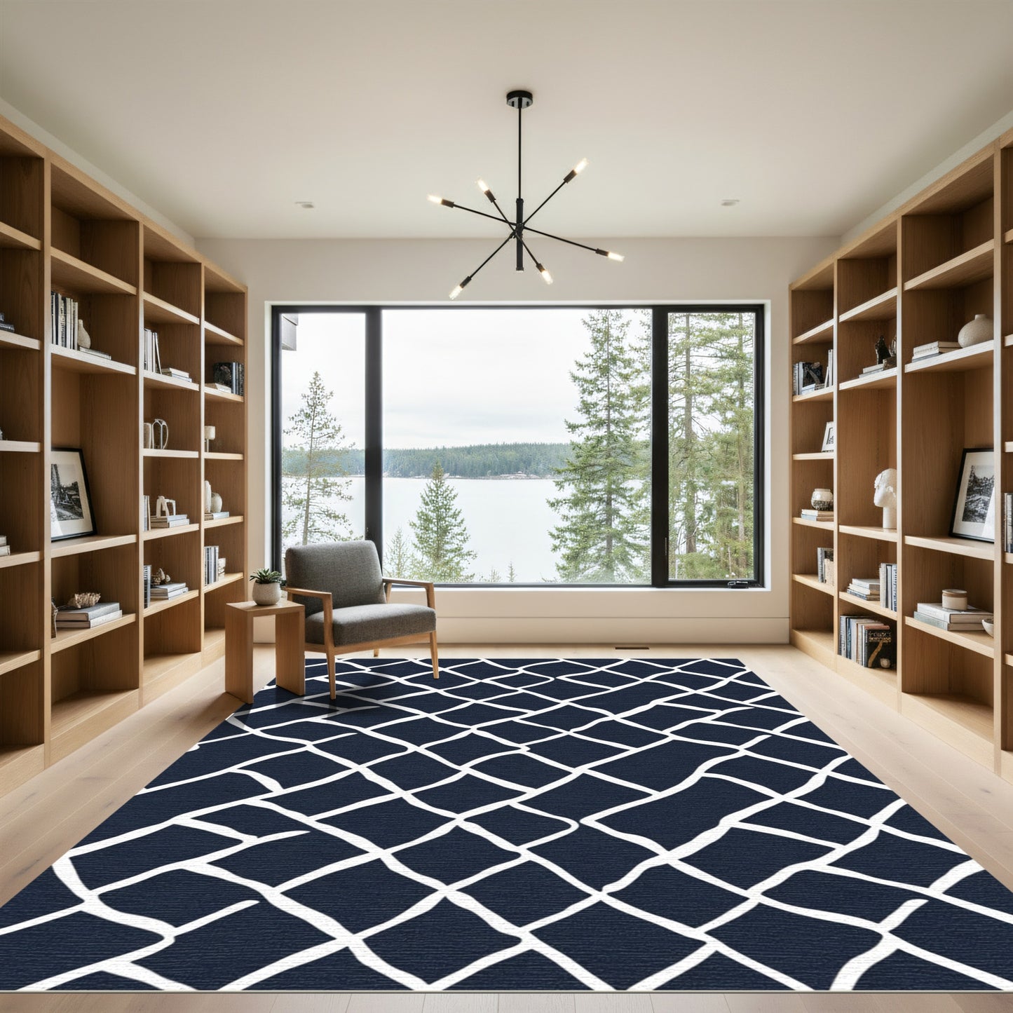 Navy White Distorted Grid Rug