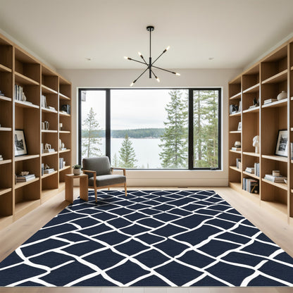 Navy White Distorted Grid Rug