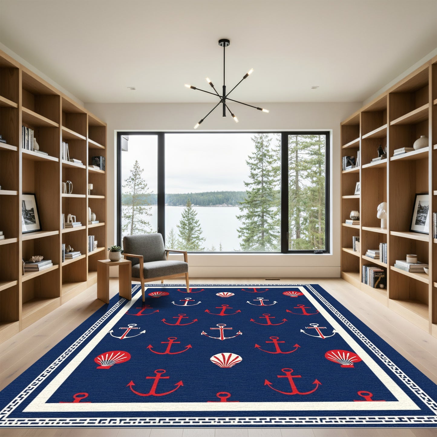 Navy Red Anchor Shell Pattern Rug