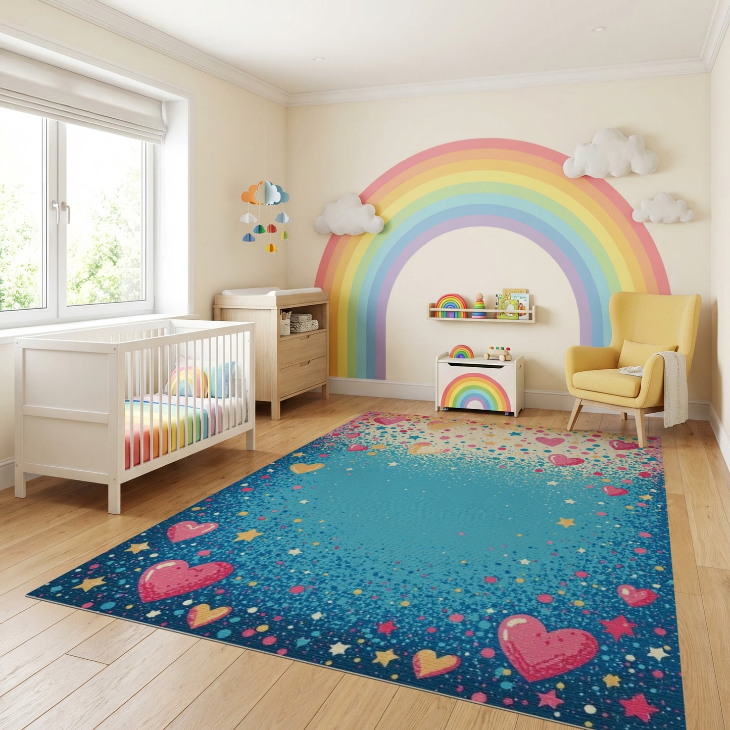 Whimsical Pink Hearts Stars Blue Rug