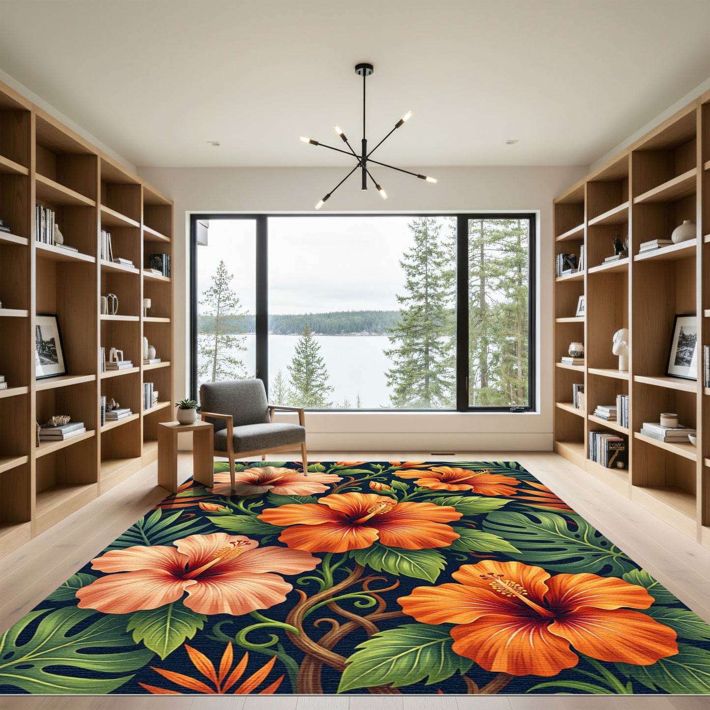 Tropical Hibiscus Floral Foliage Rug