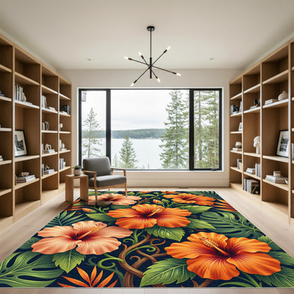 Tropical Hibiscus Floral Foliage Rug