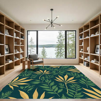 Deep Teal Foliage Botanical Swirl Rug