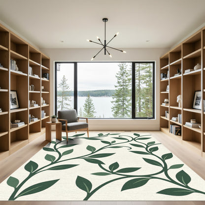 Green Botanical Vine Leaf Illustration Rug