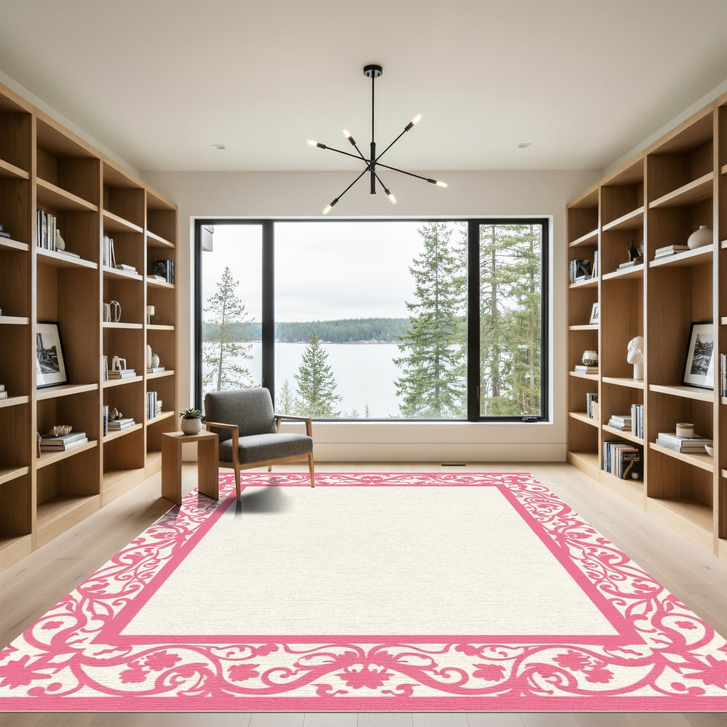 Pink Floral Scroll Border Rug