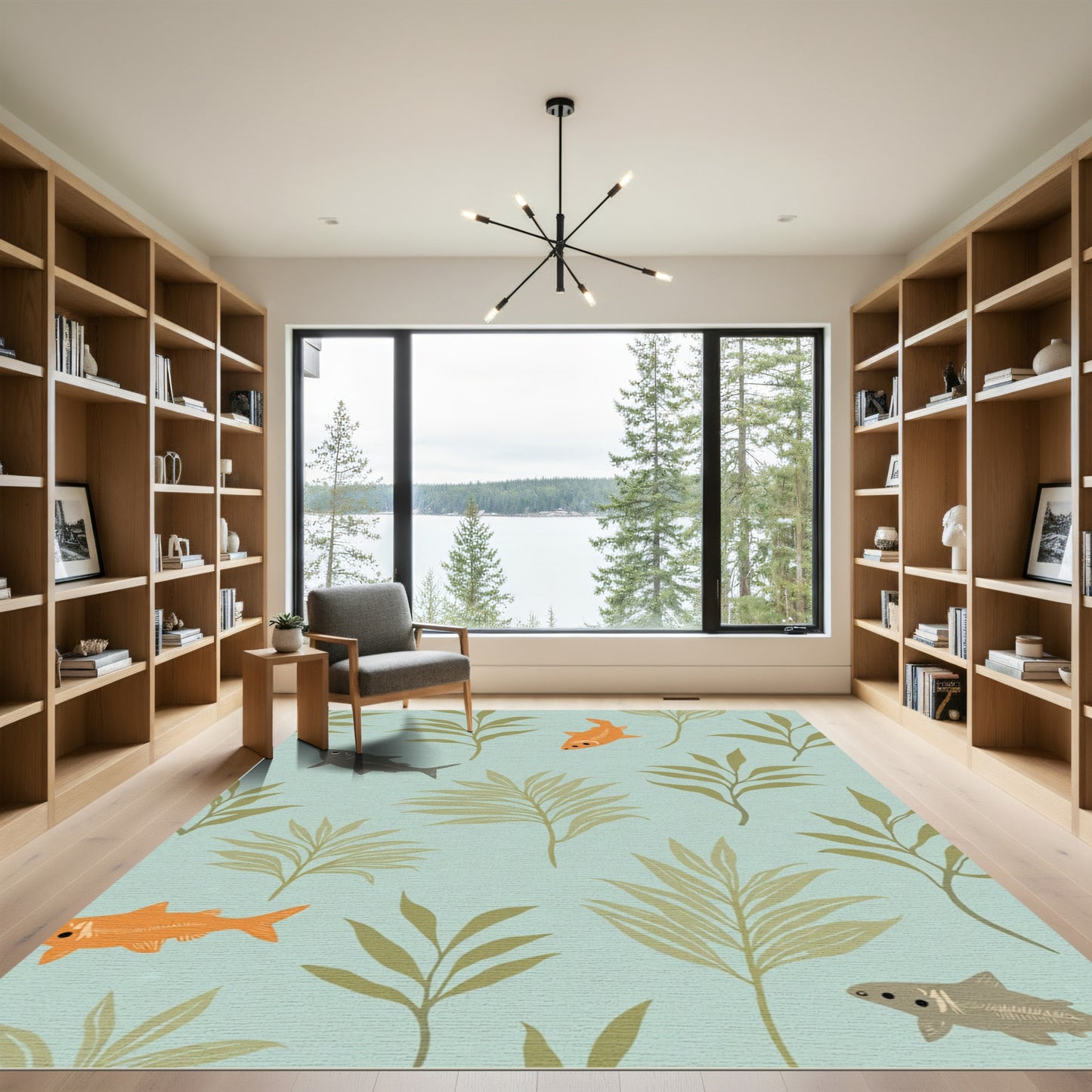 Underwater Foliage Orange Gray Fish Rug