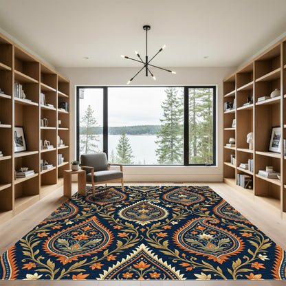 Midnight Navy Orange Floral Paisley Rug
