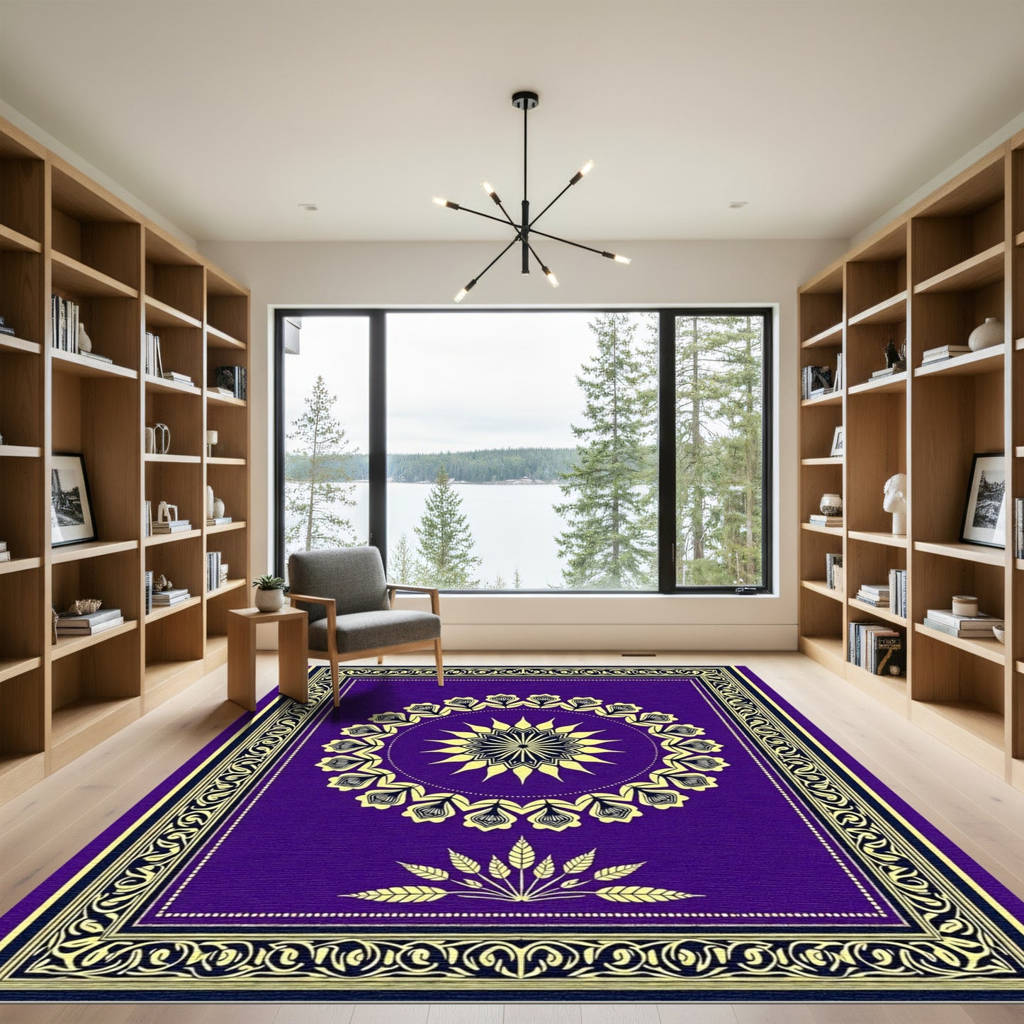Golden Sunburst Mandala Purple Rug