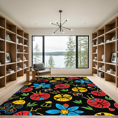 Whimsical Red Yellow Blue Insects Flowers Rug