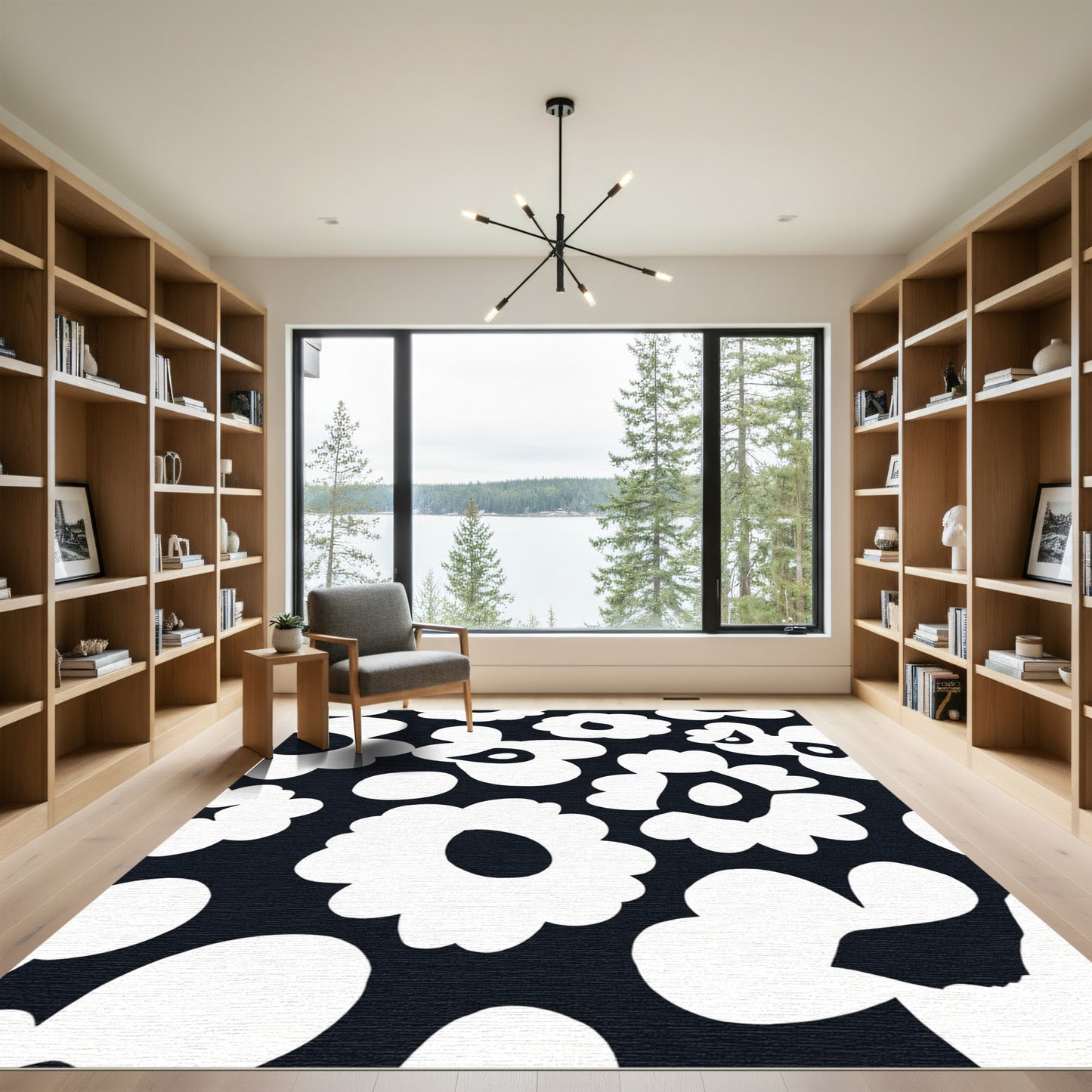 Bold Black White Floral Bloom Rug