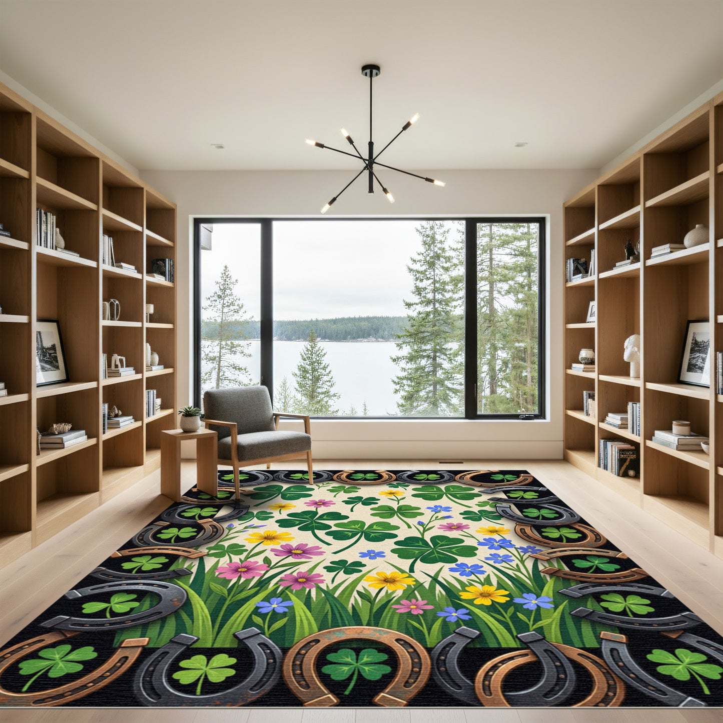 Lucky Horseshoe and Clover Meadow Illustration Rug