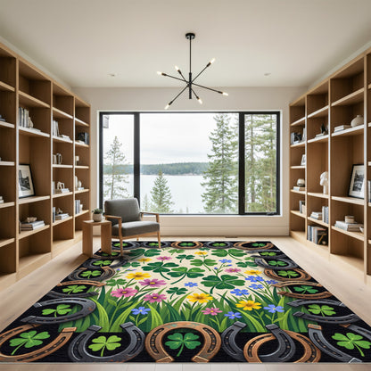 Lucky Horseshoe and Clover Meadow Illustration Rug