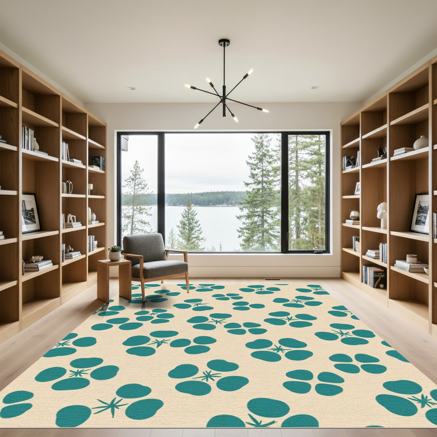 Teal Floral Clusters Light Beige Rug