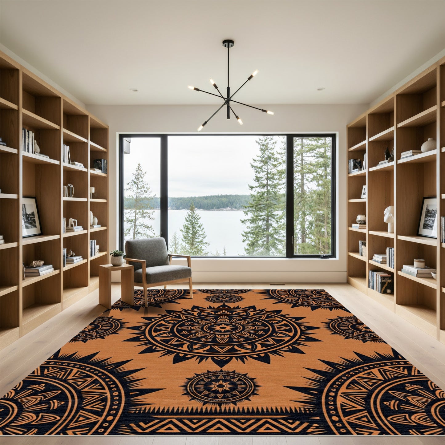Bold Black Sun Medallion Terra Cotta Rug