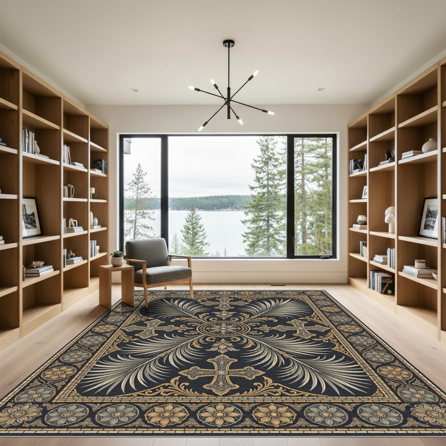 Ornate Gold Cross and Palm Medallion Rug