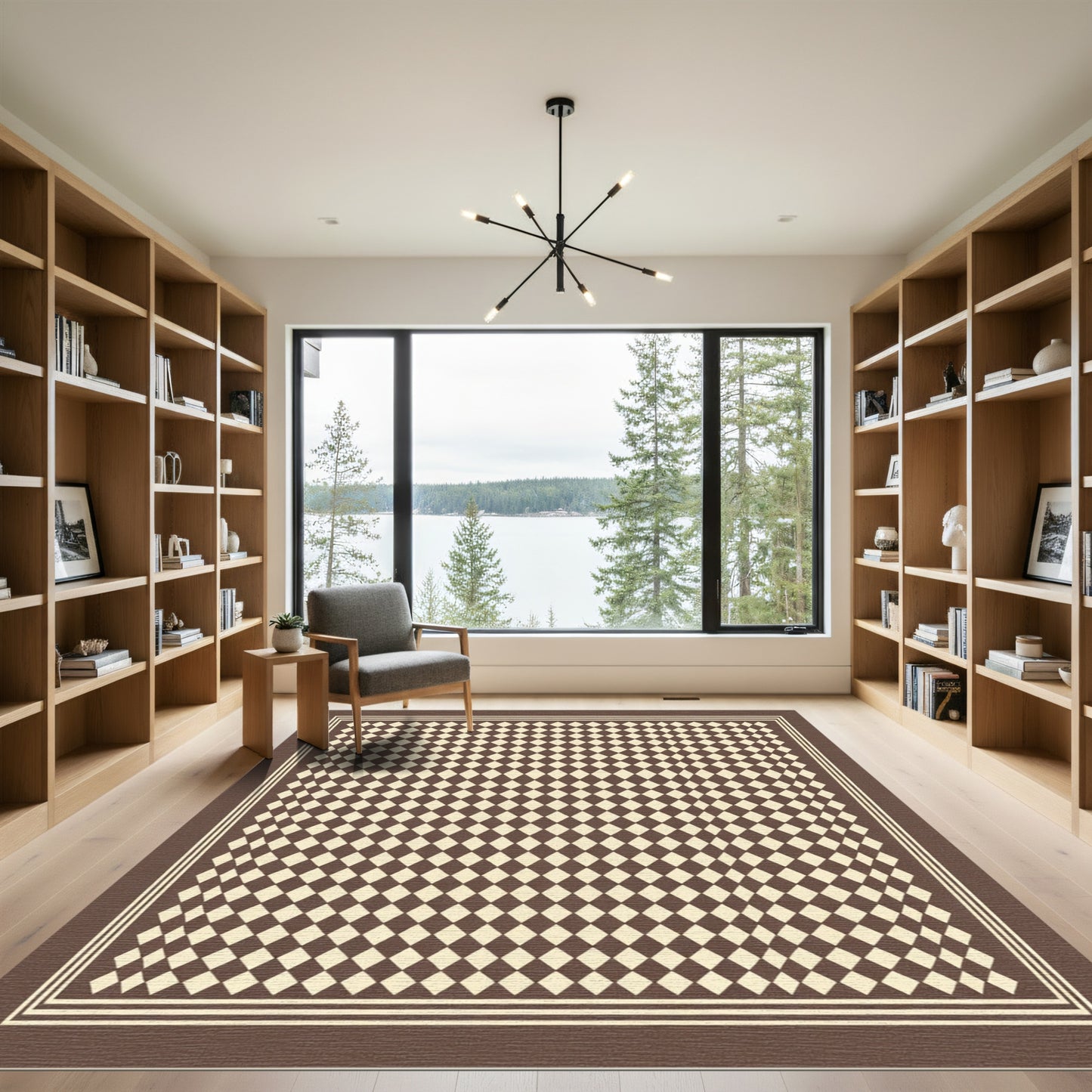 Brown Beige Checkered Diamond Border Rug