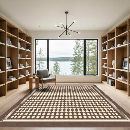 Brown Beige Checkered Diamond Border Rug