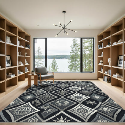 Monochrome Celestial Diamond Mystic Geo Rug