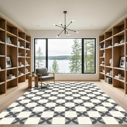 Gray Cream Checkerboard Quatrefoil Rug