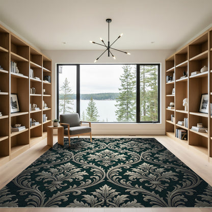 Elegant Emerald Damask Scroll Filigree Rug