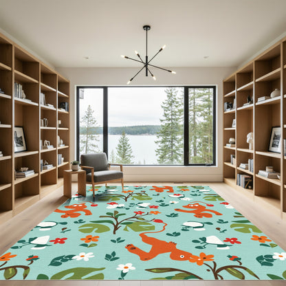 Orange Creatures With Foliage And Flowers Rug