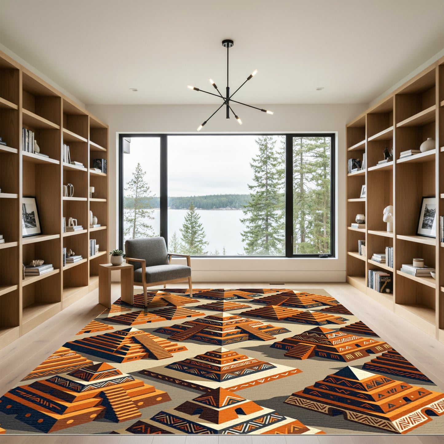 Geometric Terracotta Mayan Step Pyramid Rug