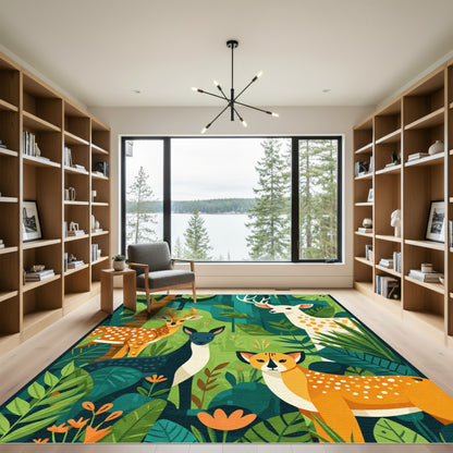 Jungle Animals Lush Forest Scene Rug
