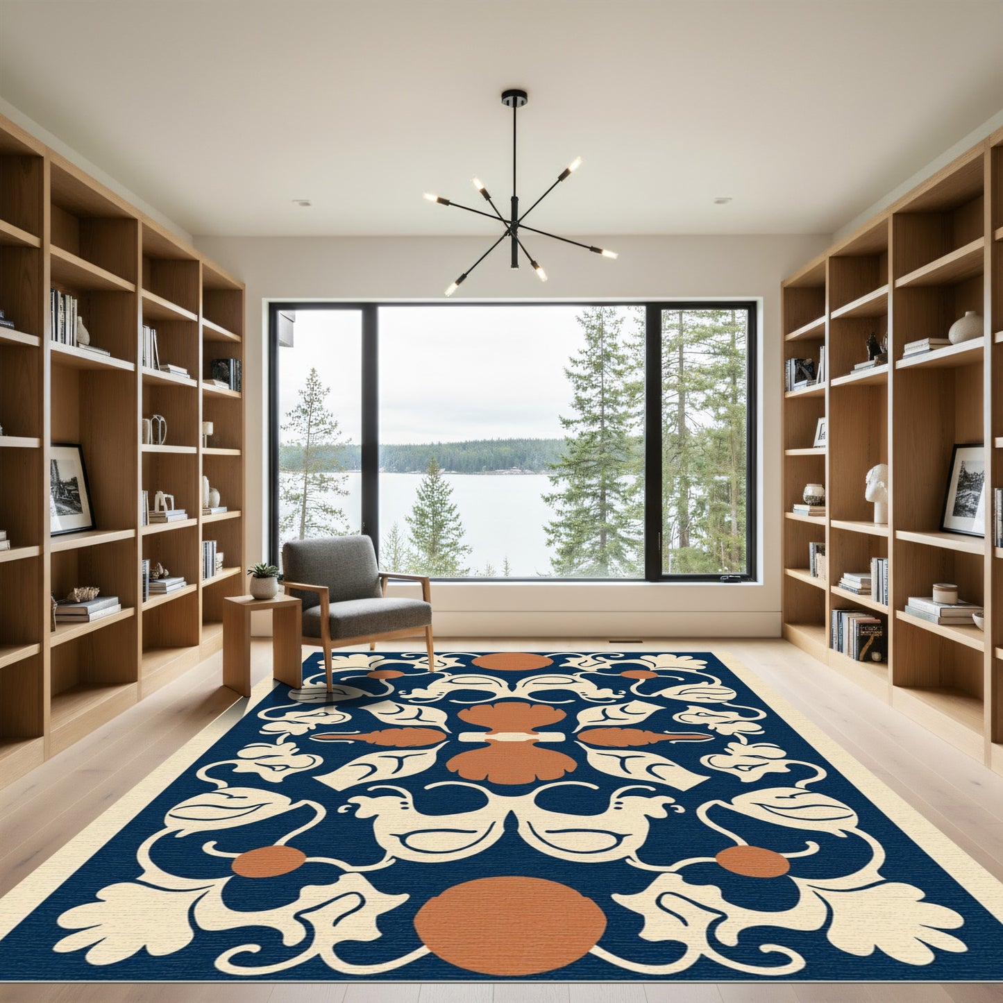 Navy Cream Amber Botanical Scroll Rug