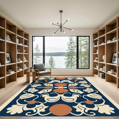 Navy Cream Amber Botanical Scroll Rug