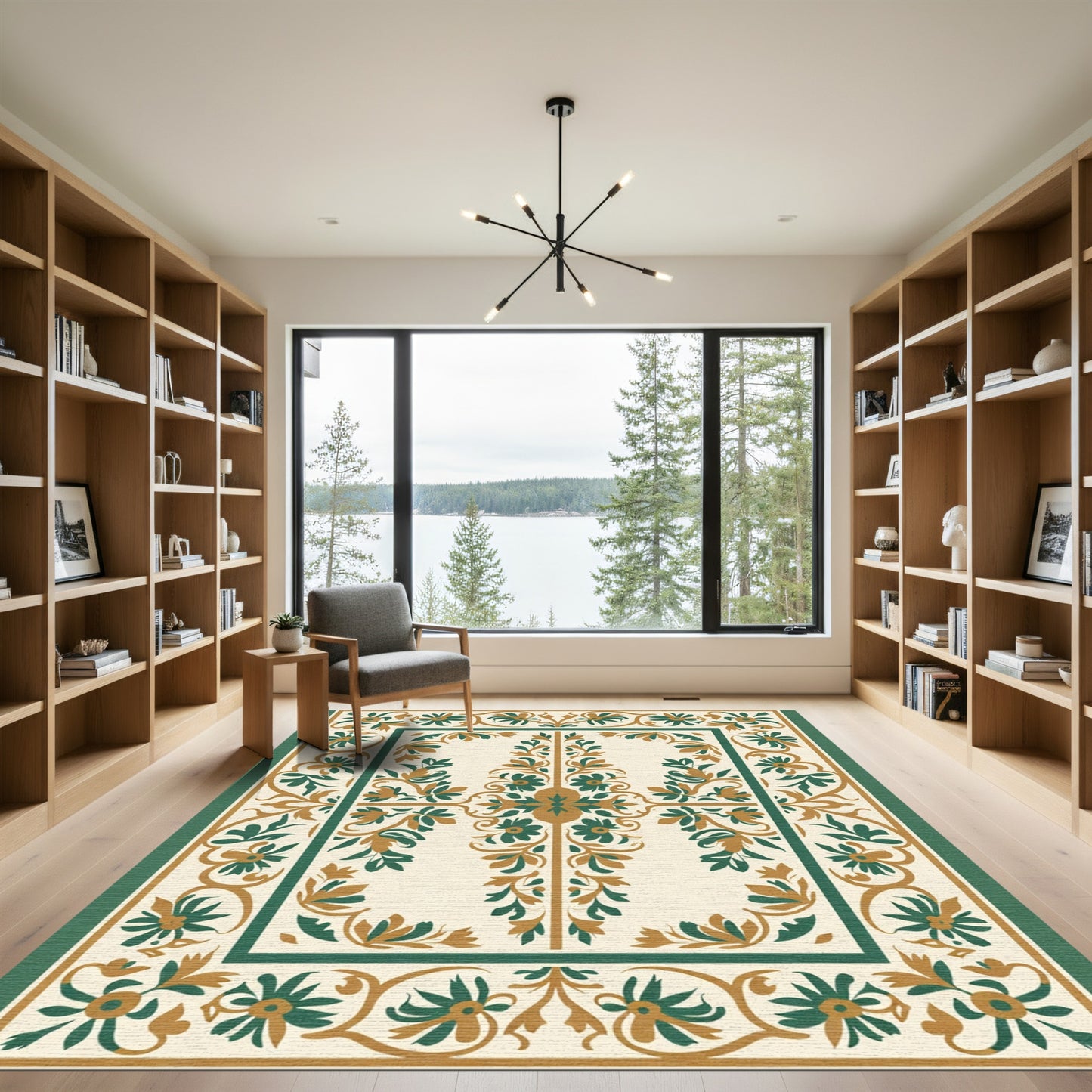 Golden Green Floral Scroll Border Rug